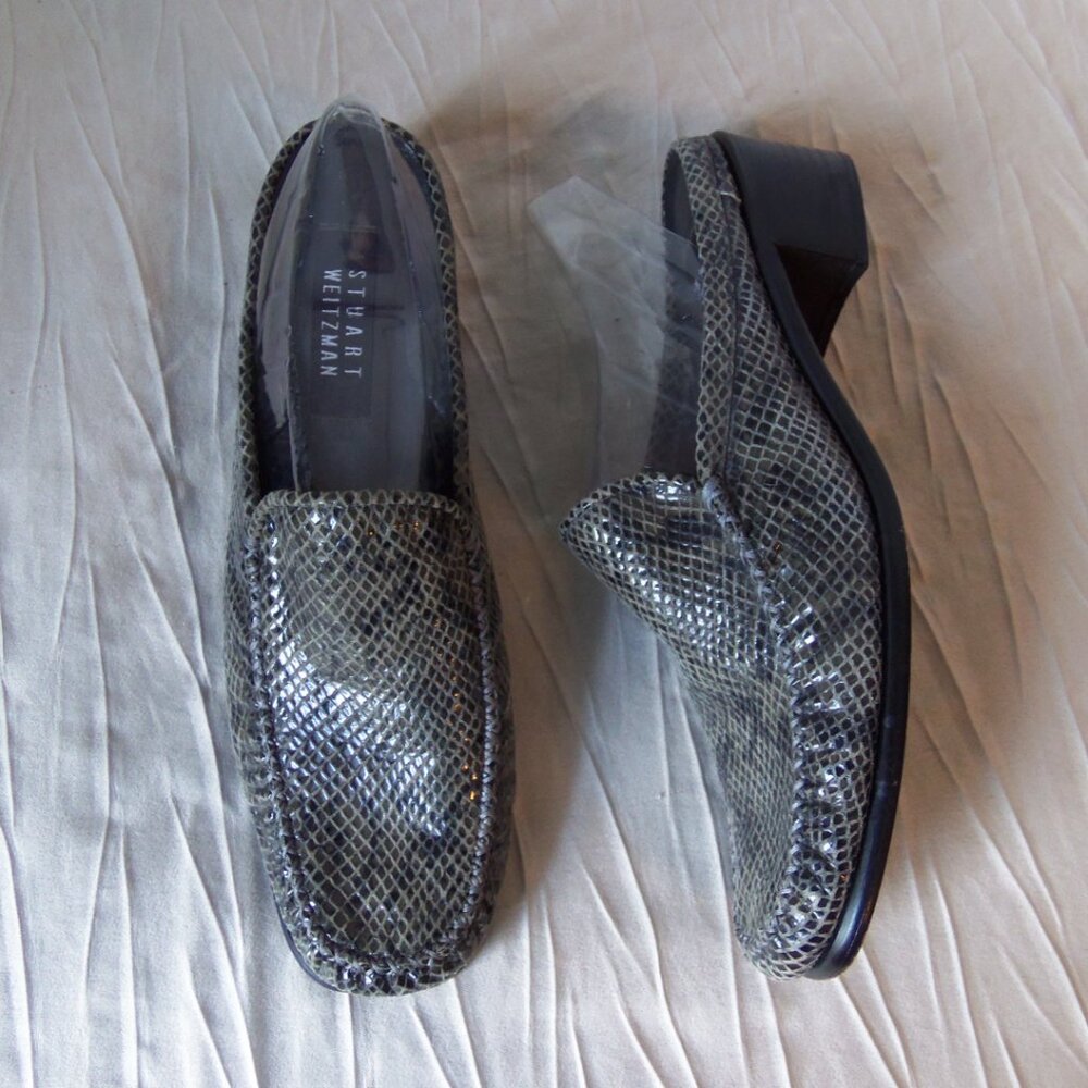 Stuart Weitzman Gray Snake Embossed Leather Mules… - image 2